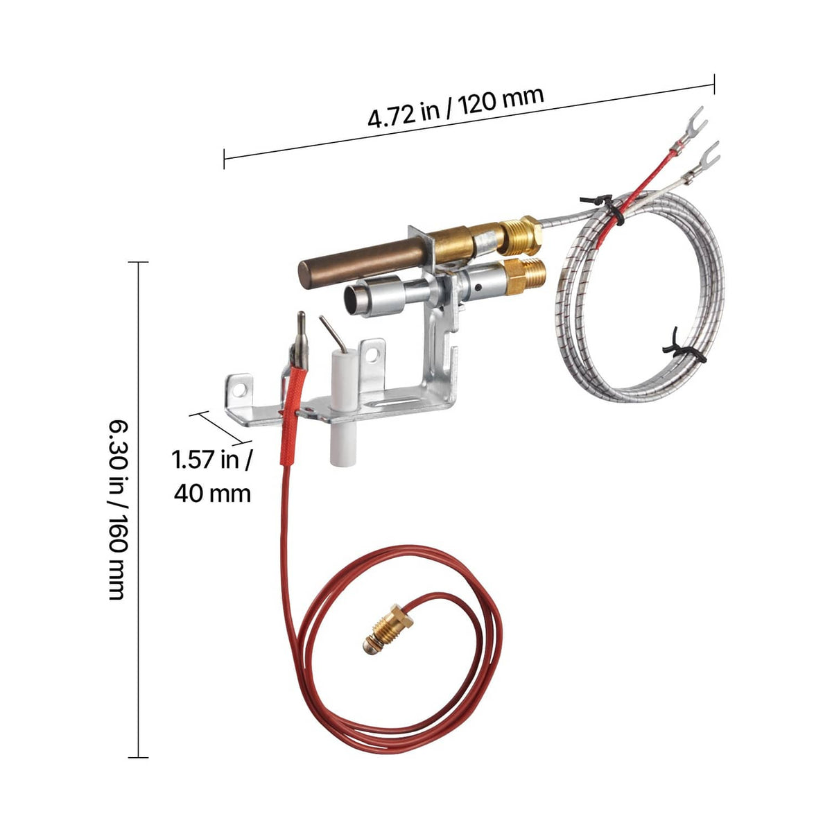 Gas pilot ignition assembly with brass connectors, braided tubing, and red lead wire