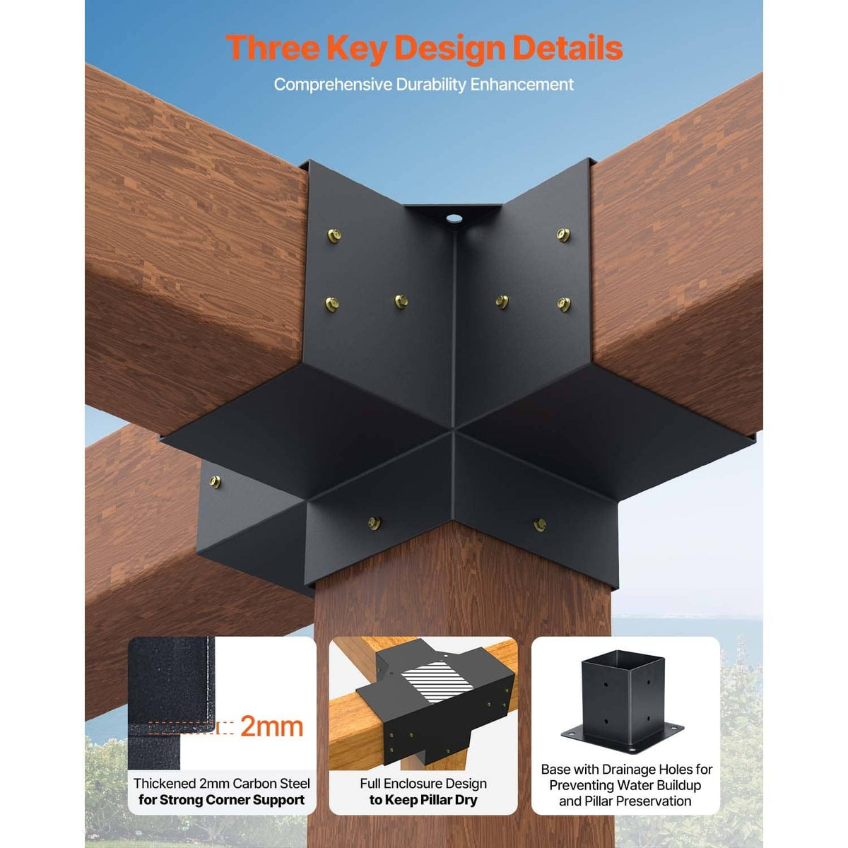 Black steel four-way corner bracket with screw holes for pergola post connections