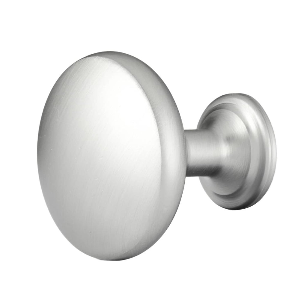 Mushroom cabinet knob with round backplate, brushed metal finish, and mounting stud