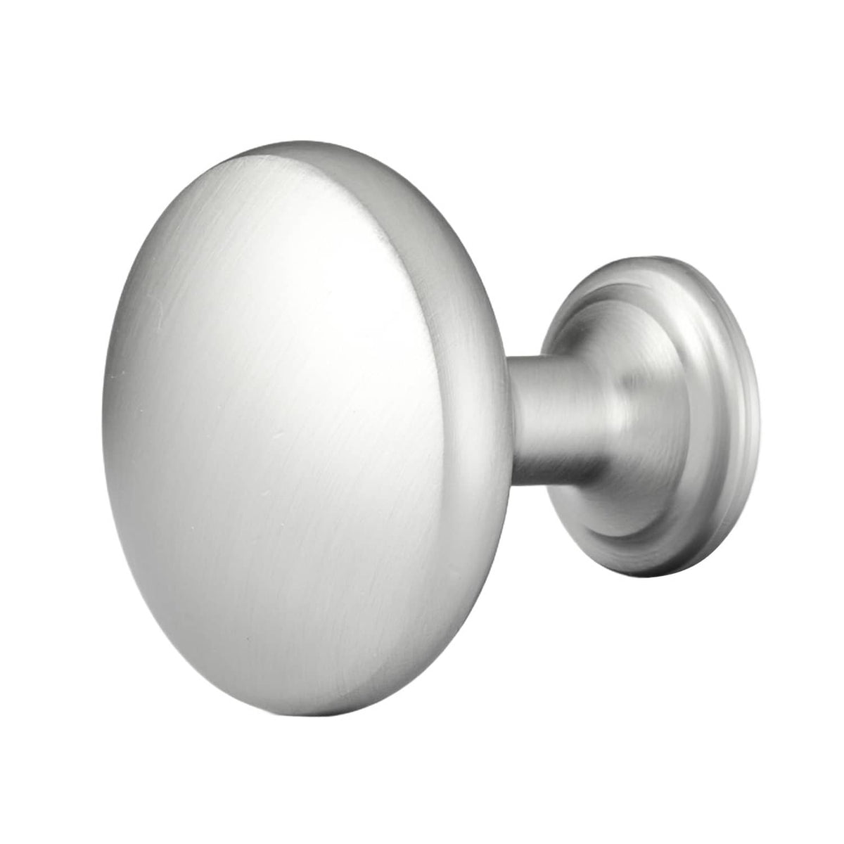 Mushroom cabinet knob with round backplate, brushed metal finish, and mounting stud