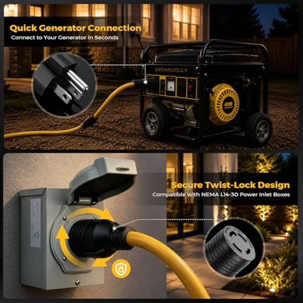Black twist-lock adapter connector and yellow cable for NEMA L14-30R