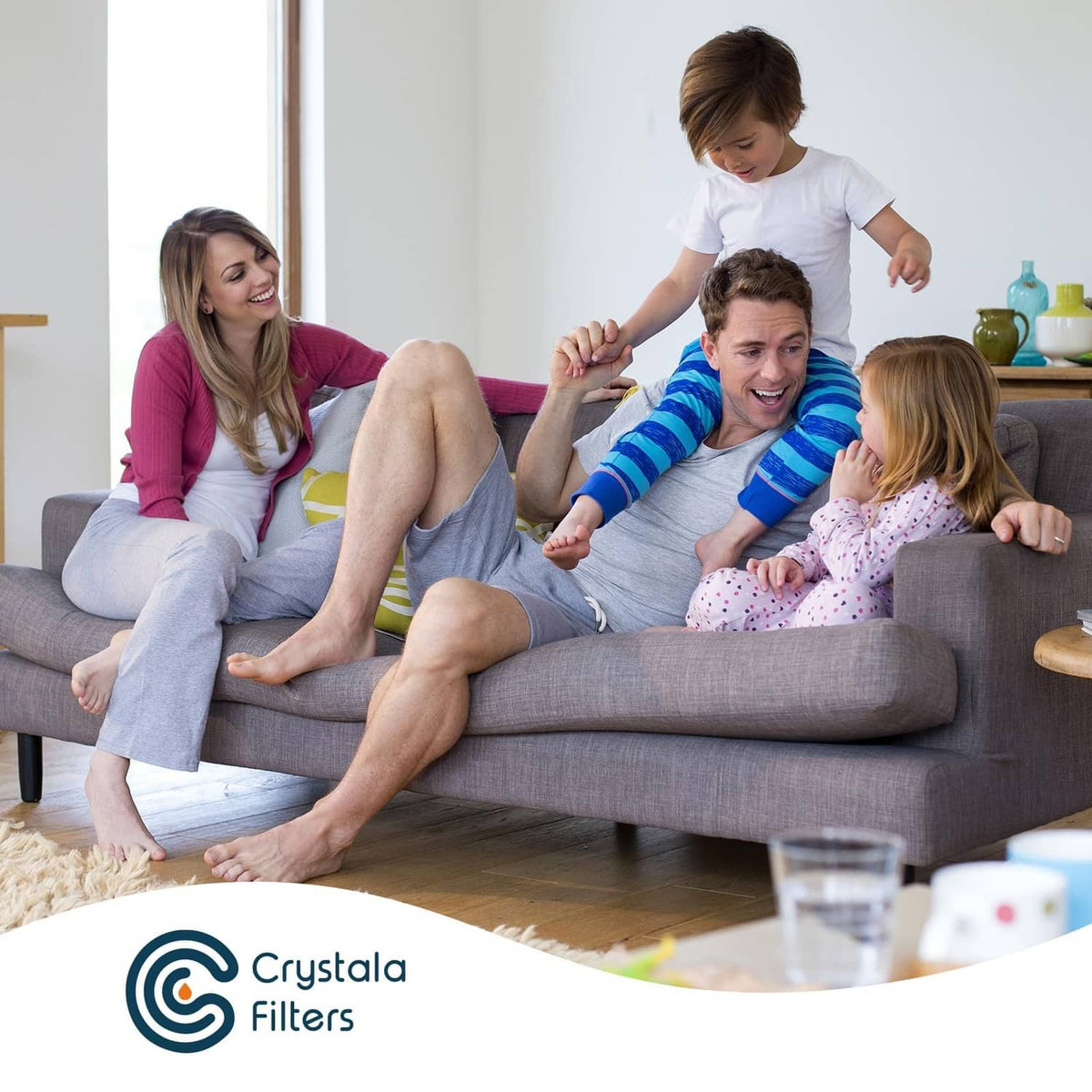 Crystala Filters logo on lifestyle advertisement for refrigerator water filter