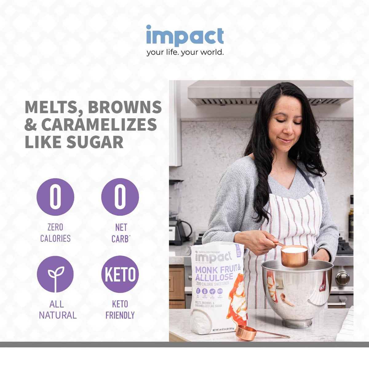 Impact monk fruit & allulose sweetener pouch with keto and zero-calorie icons
