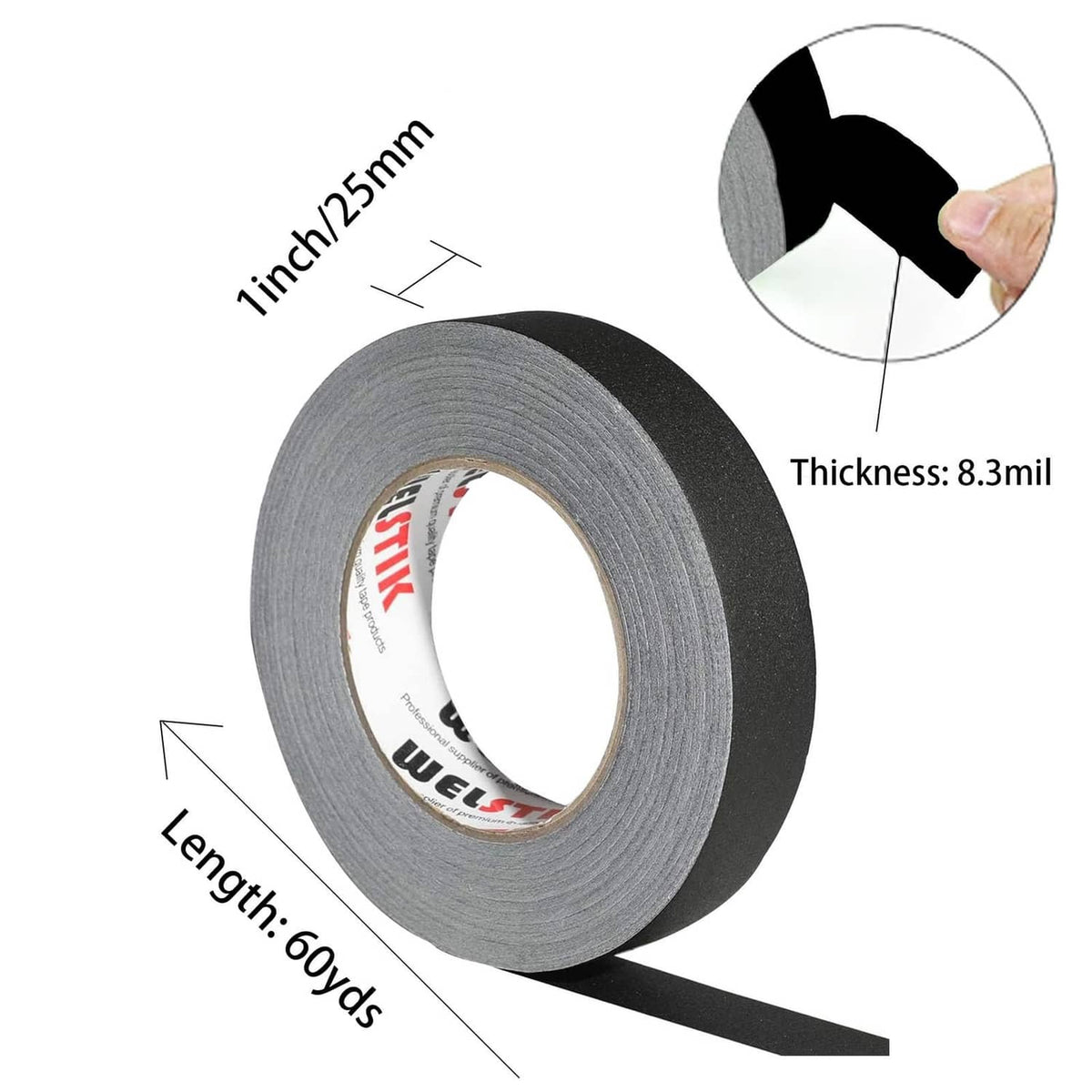 Black gaffer tape roll, 1 inch wide, with loose strip extending outward