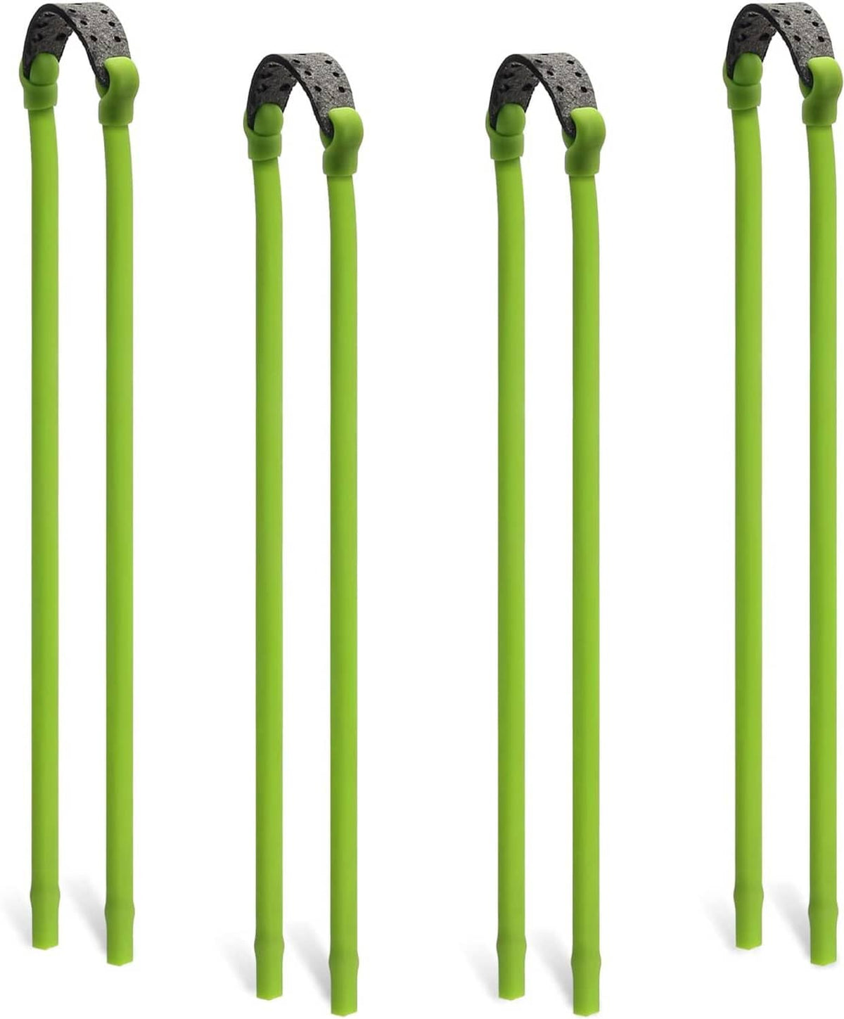 Set of 4 neon green slingshot replacement bands with black perforated connector, straight view