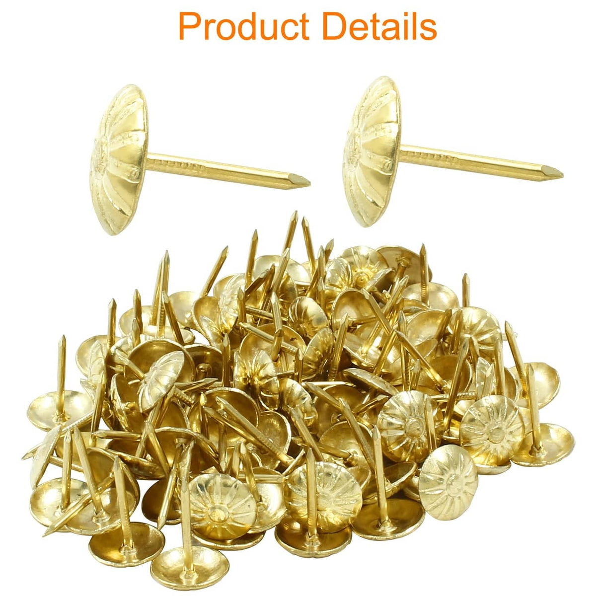 Antique gold brass upholstery tacks pile with round star caps and long pins