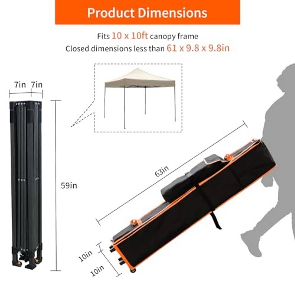 Black canopy roller bag with orange trim, product dimensions diagram