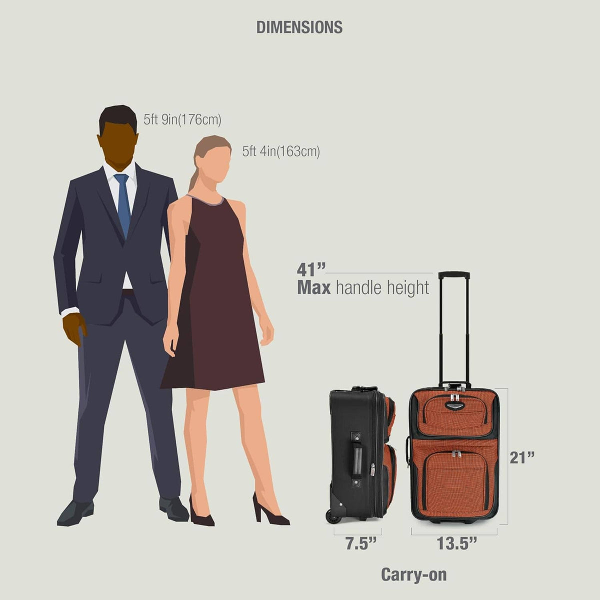 Orange softside carry-on luggage shown with size diagram and carry-on profile