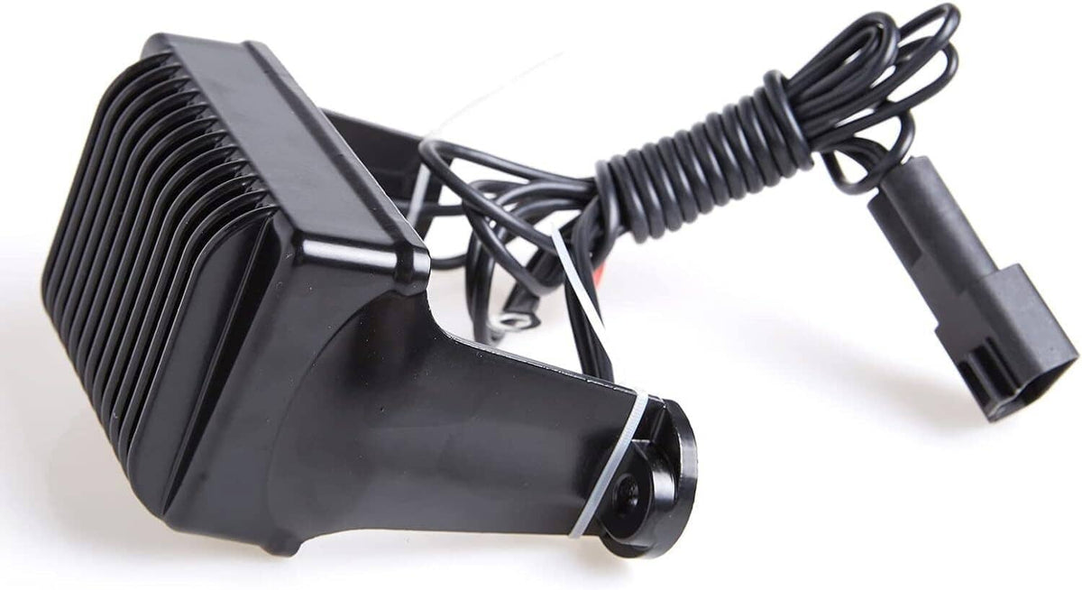 Black voltage rectifier regulator unit with cooling fins and wire harness