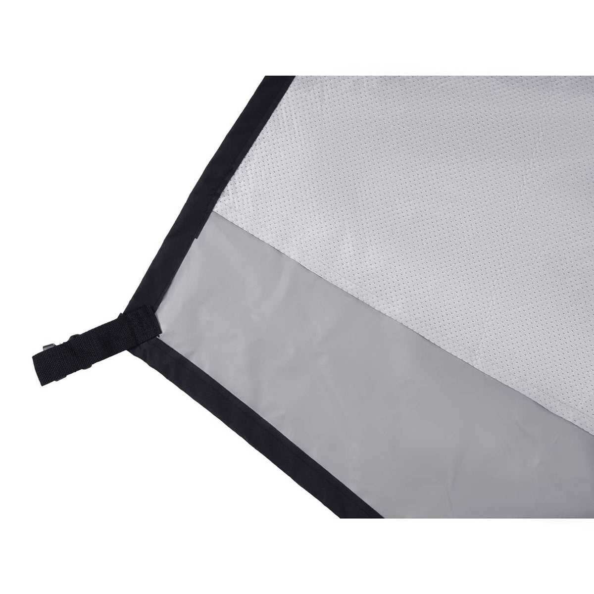 Gray cover with textured panel, black binding, and securing strap