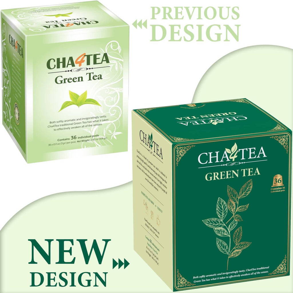 Cha4tea green tea 36-count K-cup box with pod lid, green and white packaging