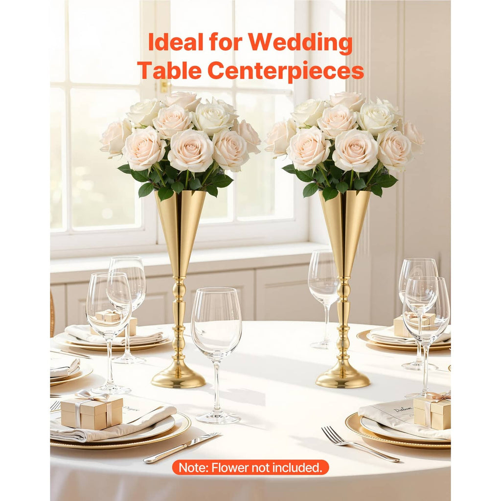 Gold trumpet vase table centerpieces with flower arrangements and stemmed bases