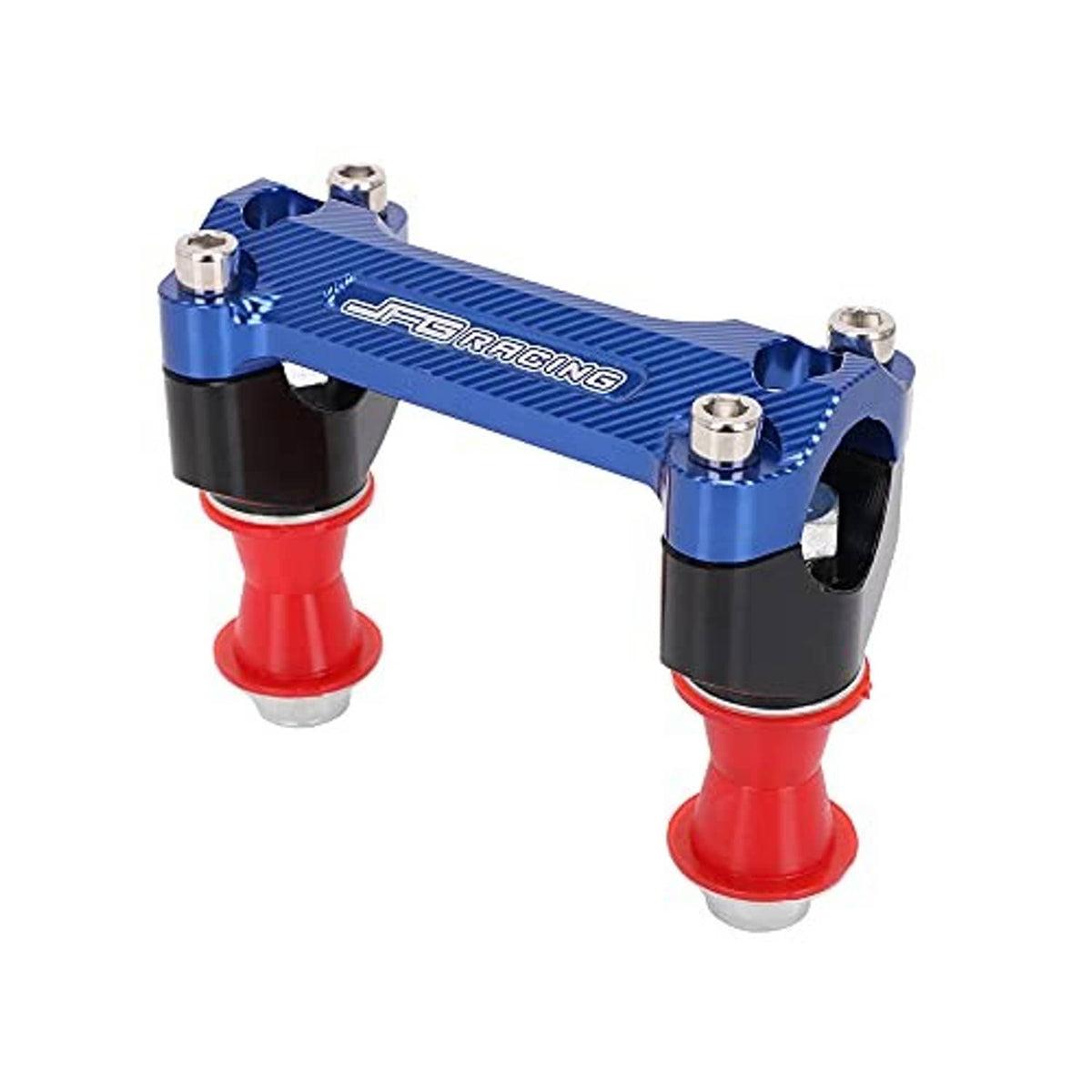 Blue CNC motorcycle handlebar riser bridge with black clamps and red base spacers