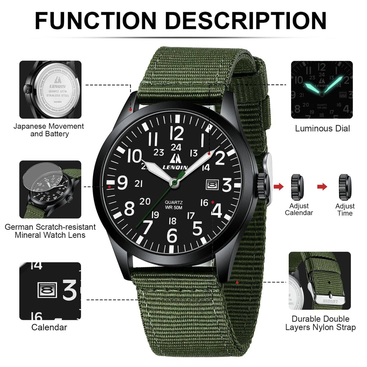Men's military sport analog watch with black dial and green nylon strap, product feature layout