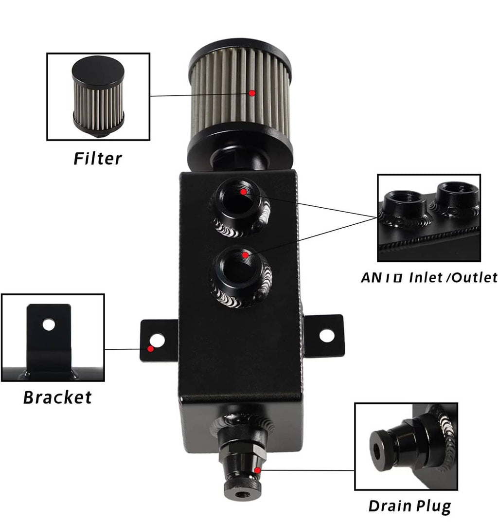 Oil catch can reservoir tank kit with filter, bracket, AN10 inlet/outlet, drain plug