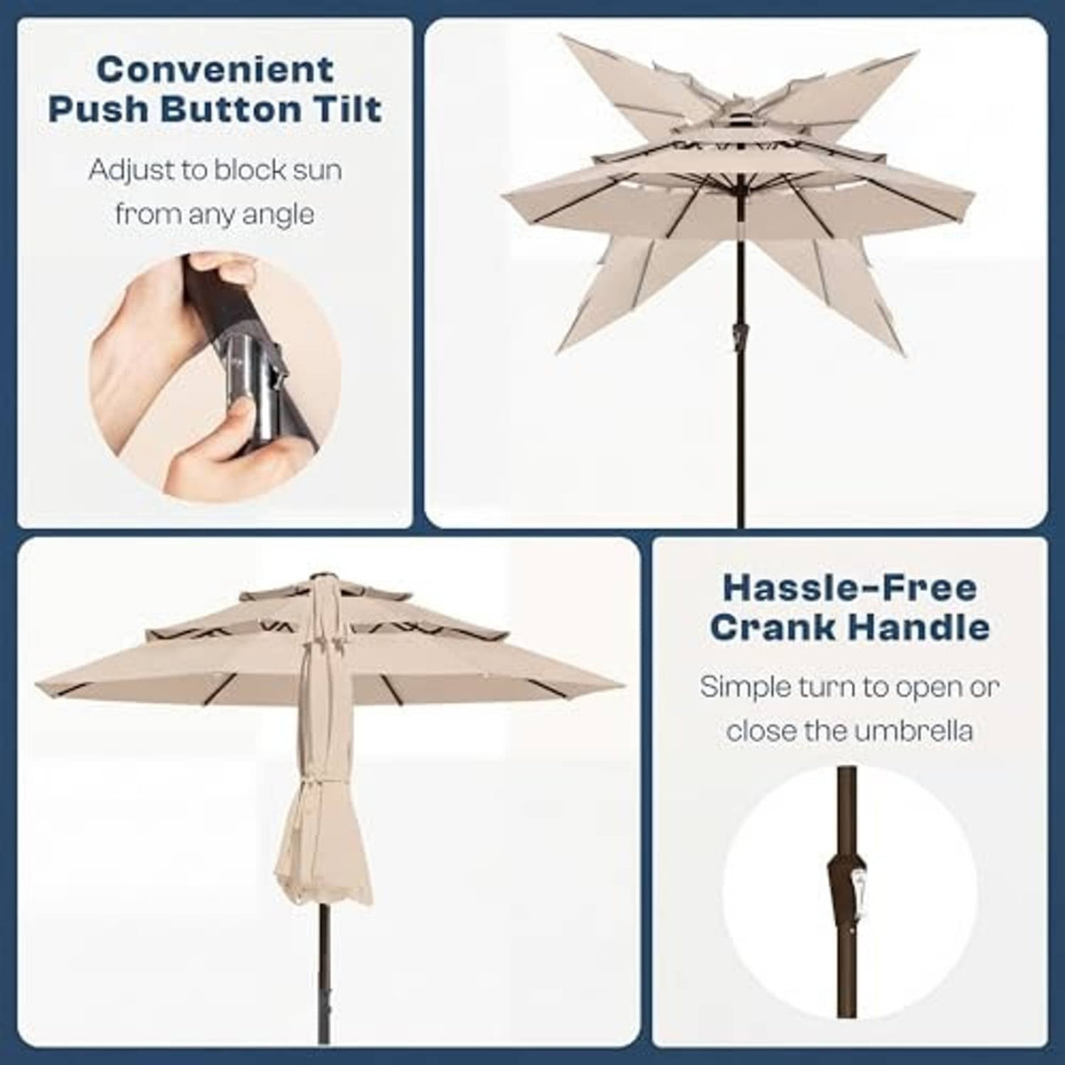 Beige 3-tier patio umbrella showing push-button tilt and crank handle