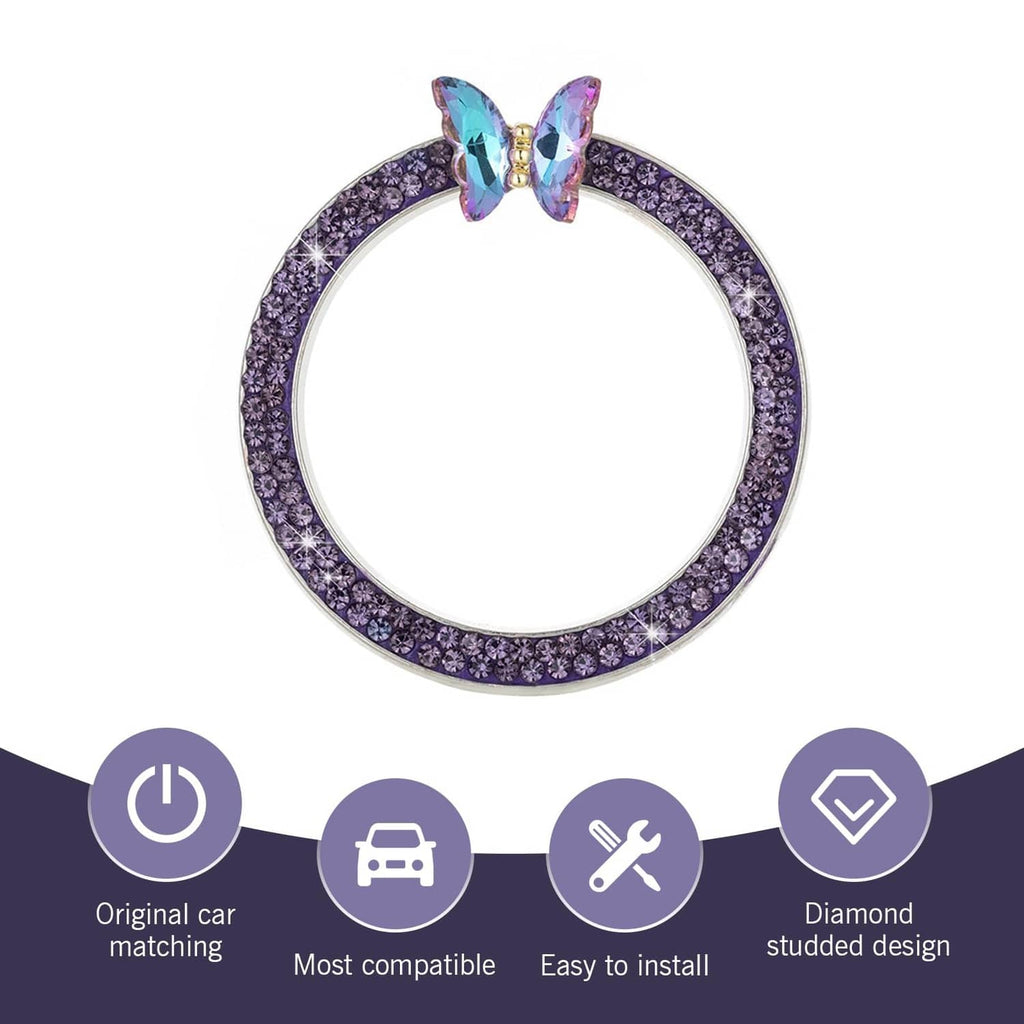 Purple rhinestone ignition trim ring with iridescent butterfly centerpiece, round outline