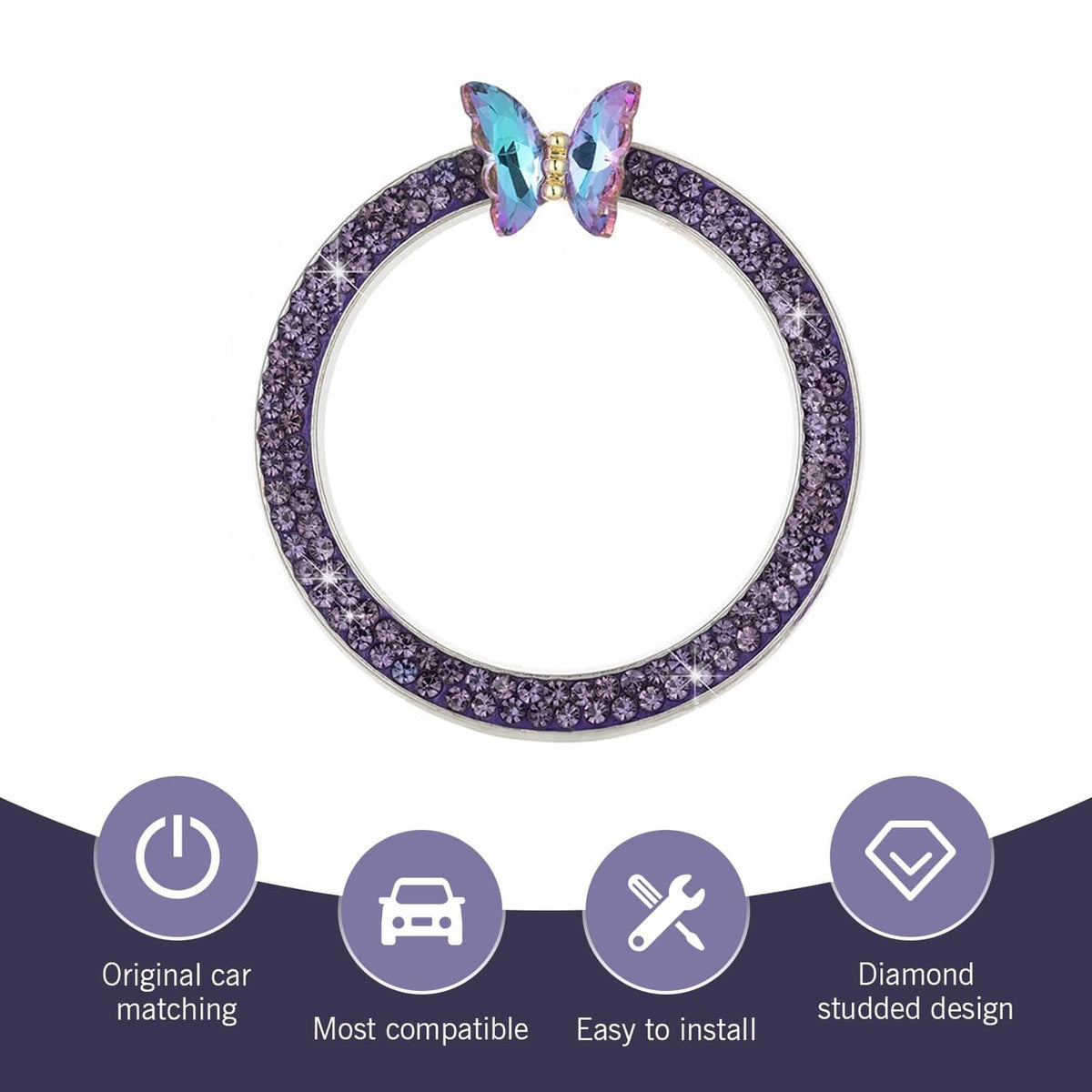 Purple rhinestone ignition trim ring with iridescent butterfly centerpiece, round outline