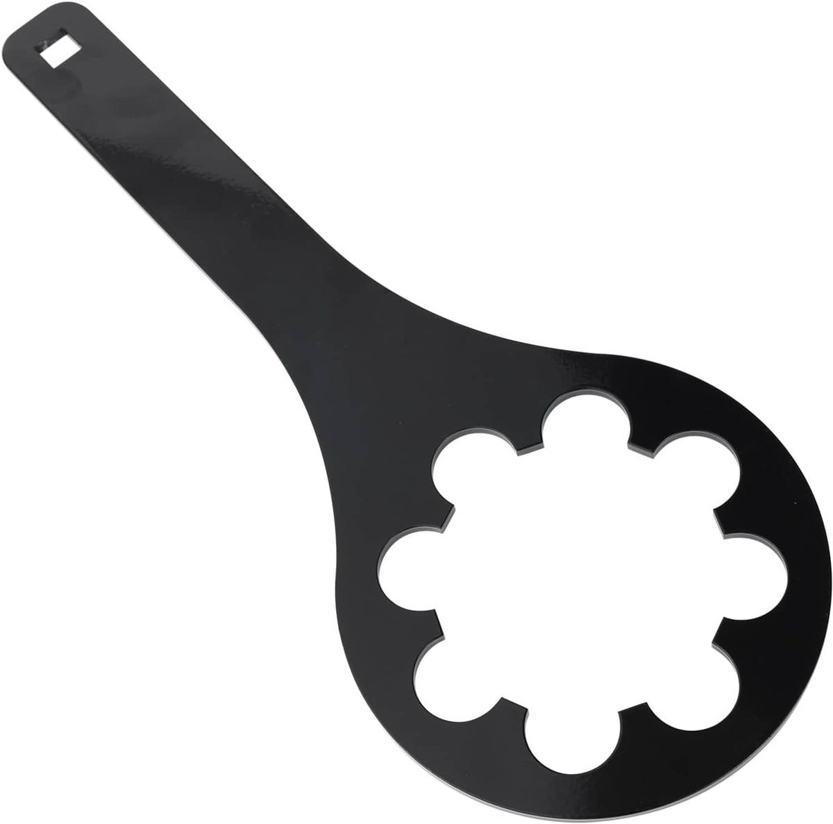 Black nut wrench with star-shaped opening for tightening and loosening fasteners