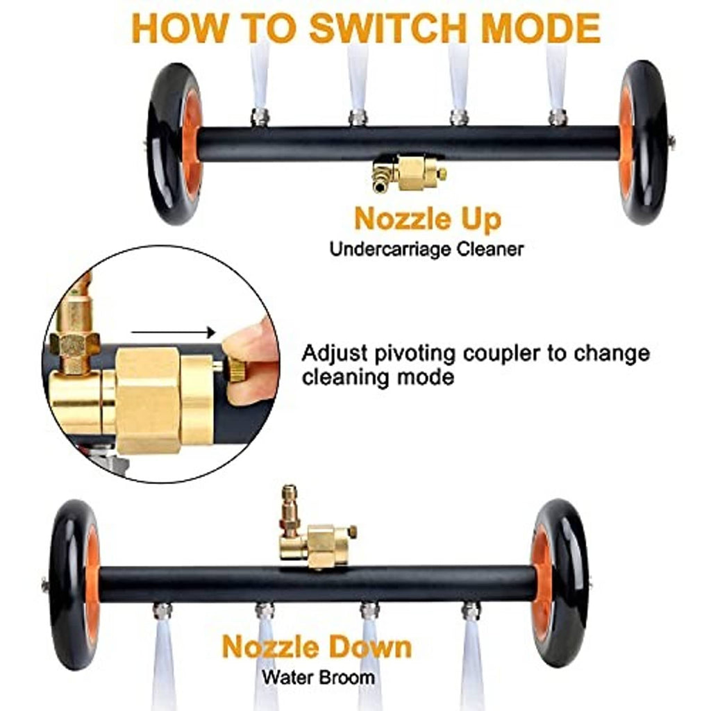 Undercarriage washer attachment with brass coupler and orange wheels on a dual-mode wand