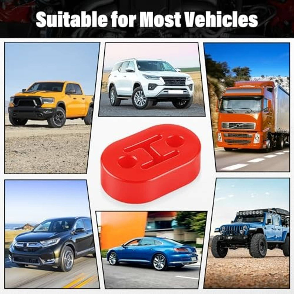 Red rubber exhaust hanger insulator, oval block with embossed logo and mounting cutouts