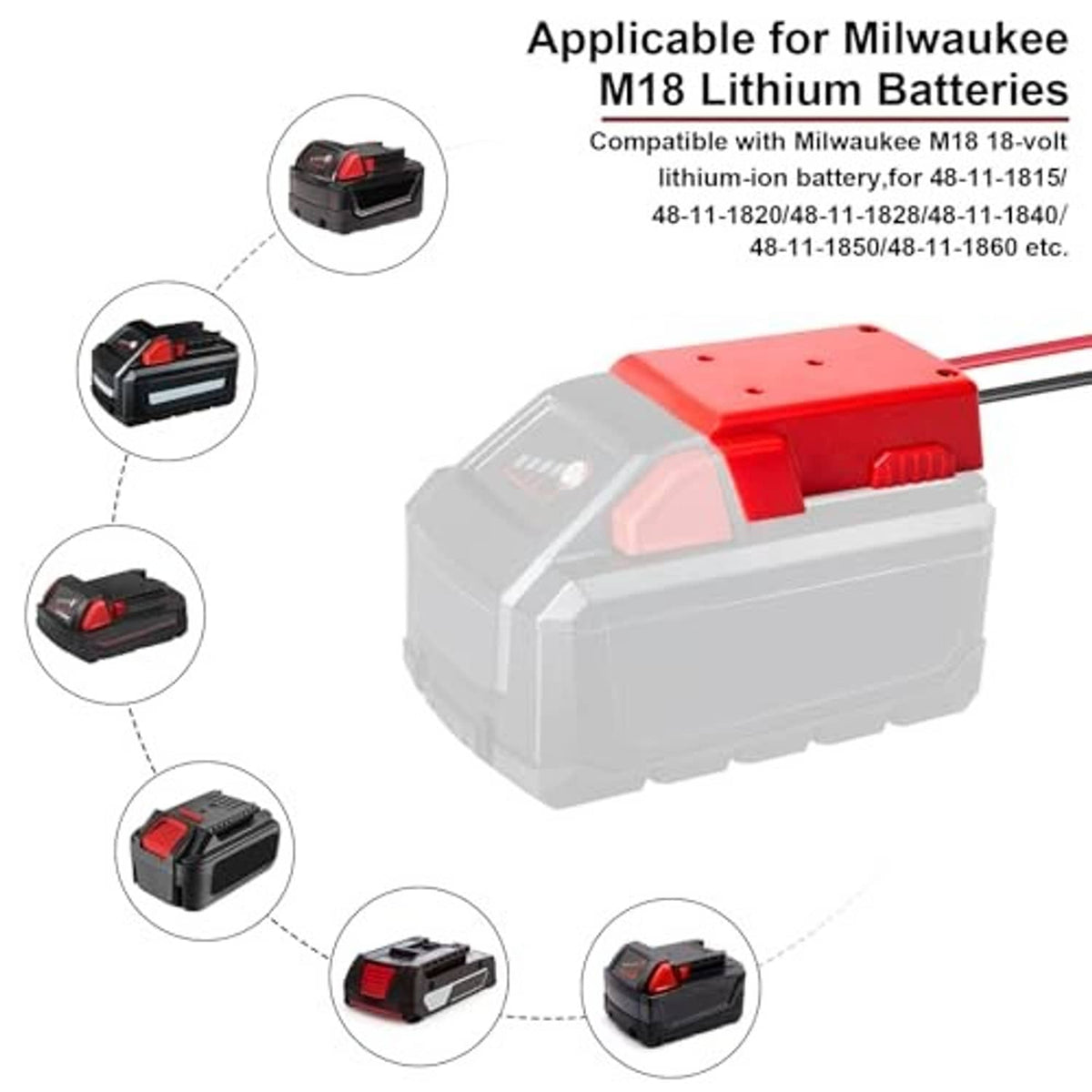 Iixwuq step-down converter adapter compatible with Milwaukee M18 batteries, red-and-gray base