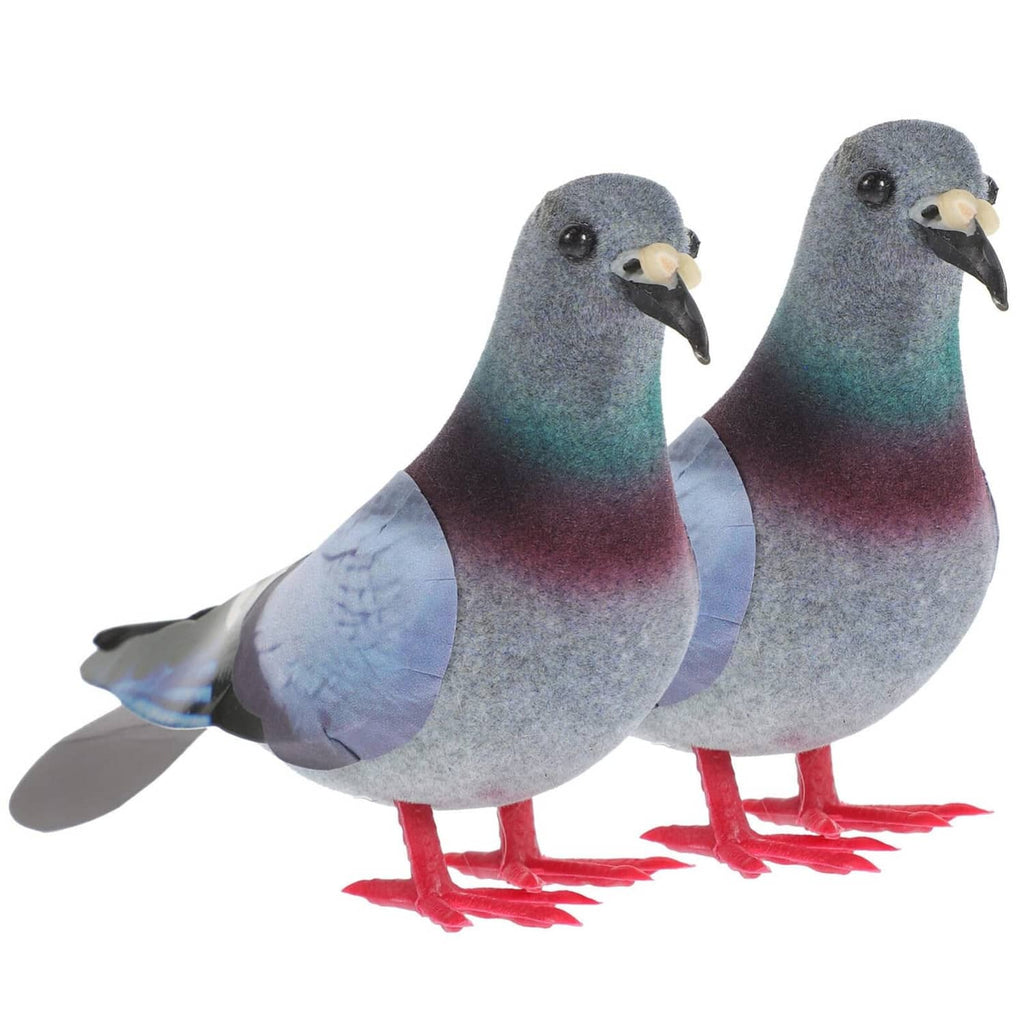 Two gray teal maroon foam pigeons with blue wing patches and red feet