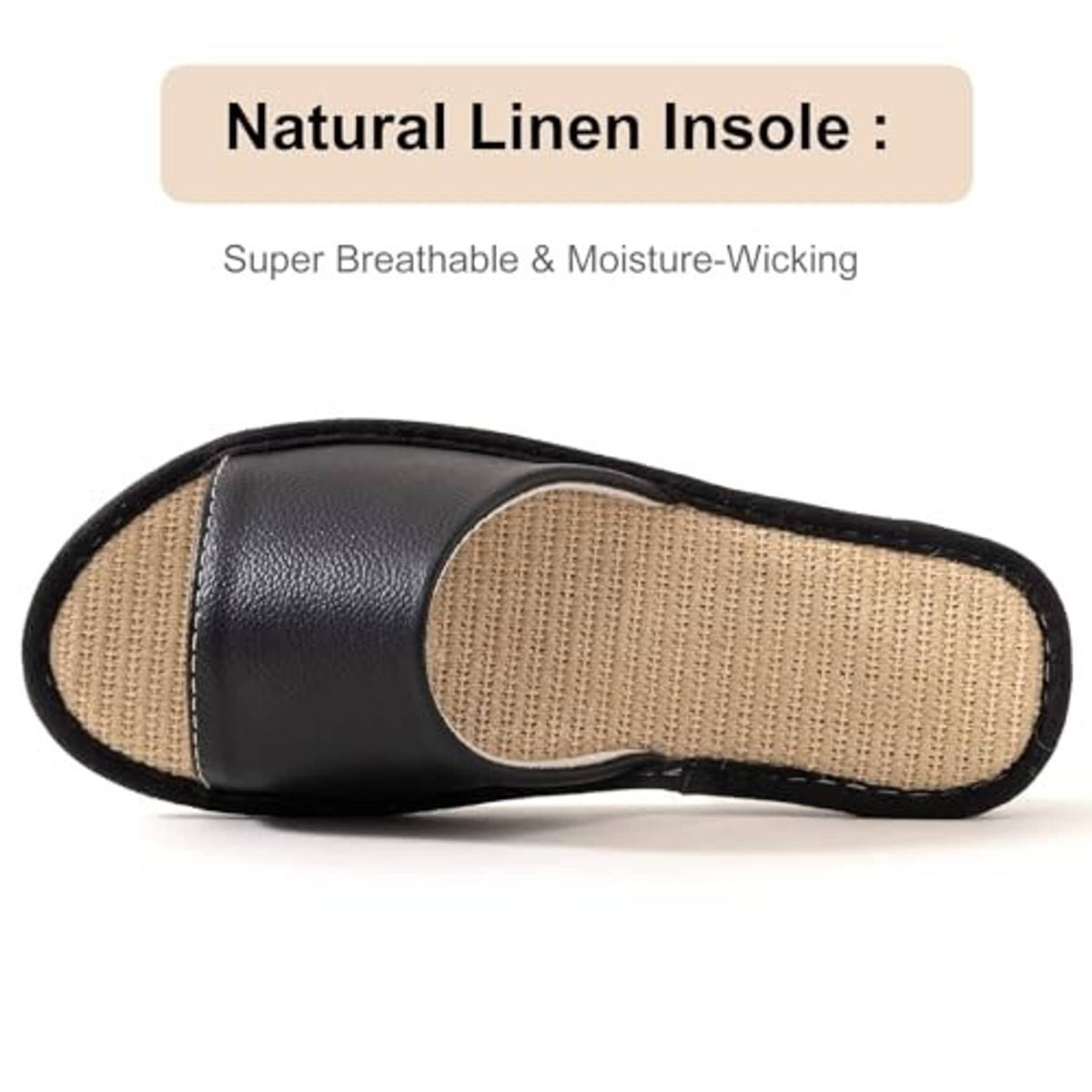 Black leather house slipper with beige woven insole and textured outsole, side view.