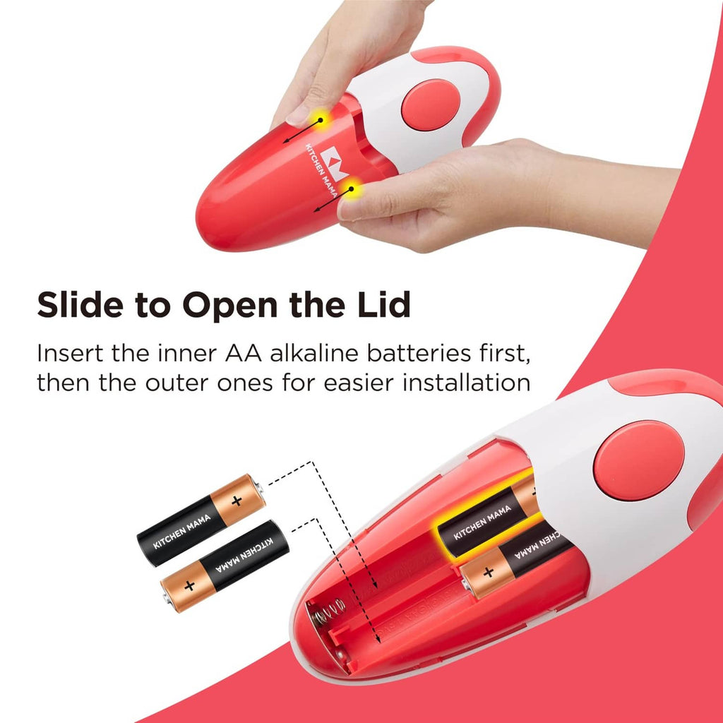 Red-and-white electric can opener with battery compartment and hand-held handle