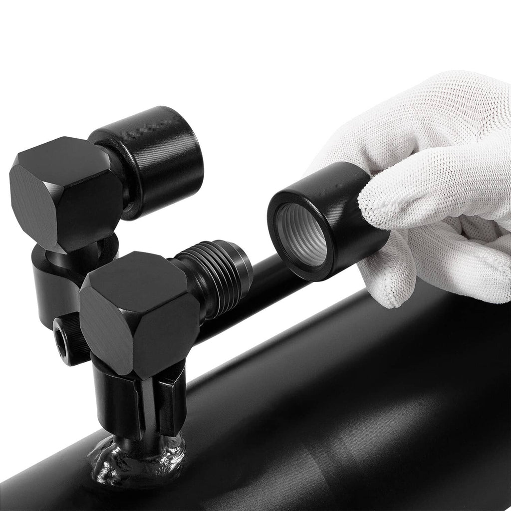 Hydraulic bucket tilt cylinder joint, black rod end with threaded port and fittings