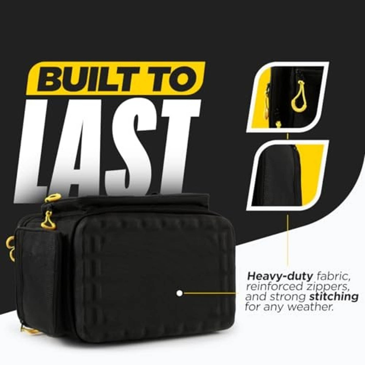 Black molded tackle bag front view with yellow cord pull tabs and zippered compartments.