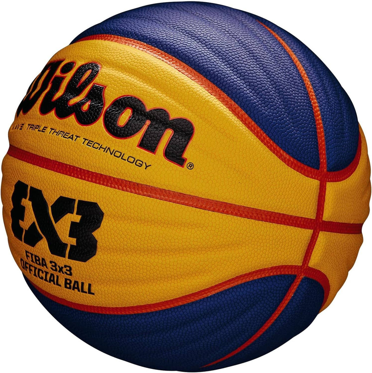 Wilson FIBA 3x3 basketball, side view in blue and yellow with FIBA 3x3 branding