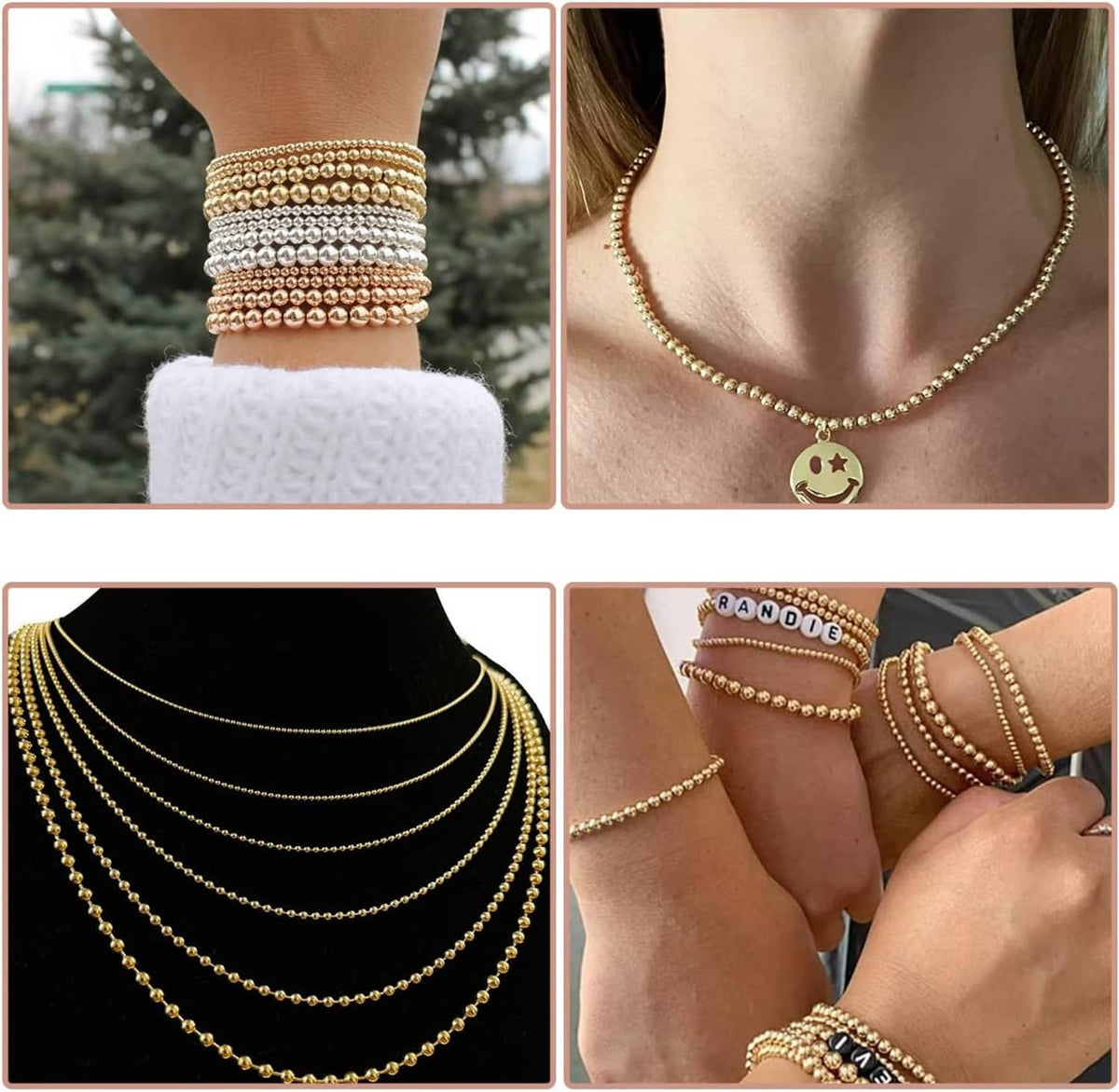 Stacked bracelets with smooth round rose gold filled beads and one charm pendant