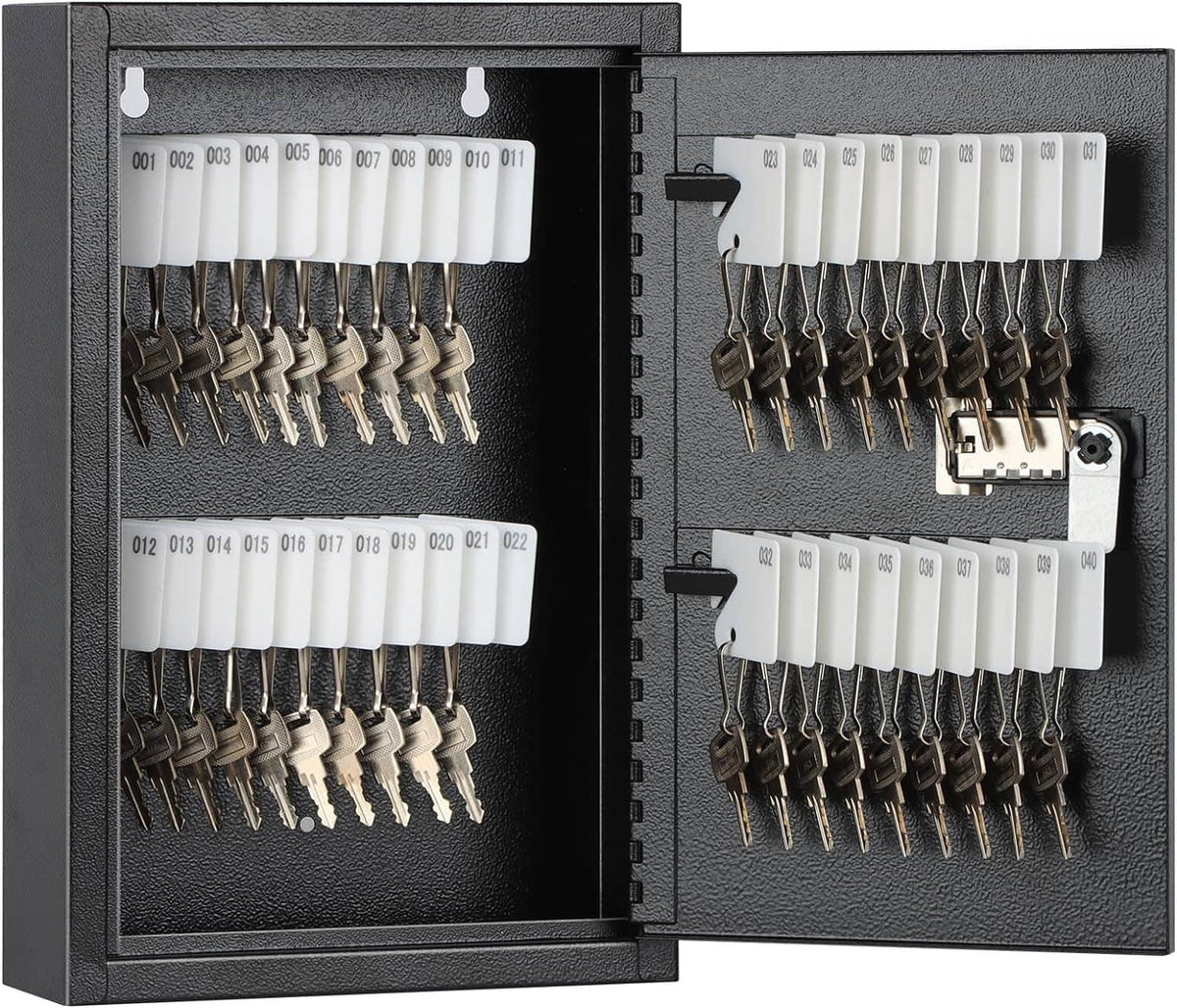 Open key storage lock box with 40 hooks, numbered tags, and code lock on dark face