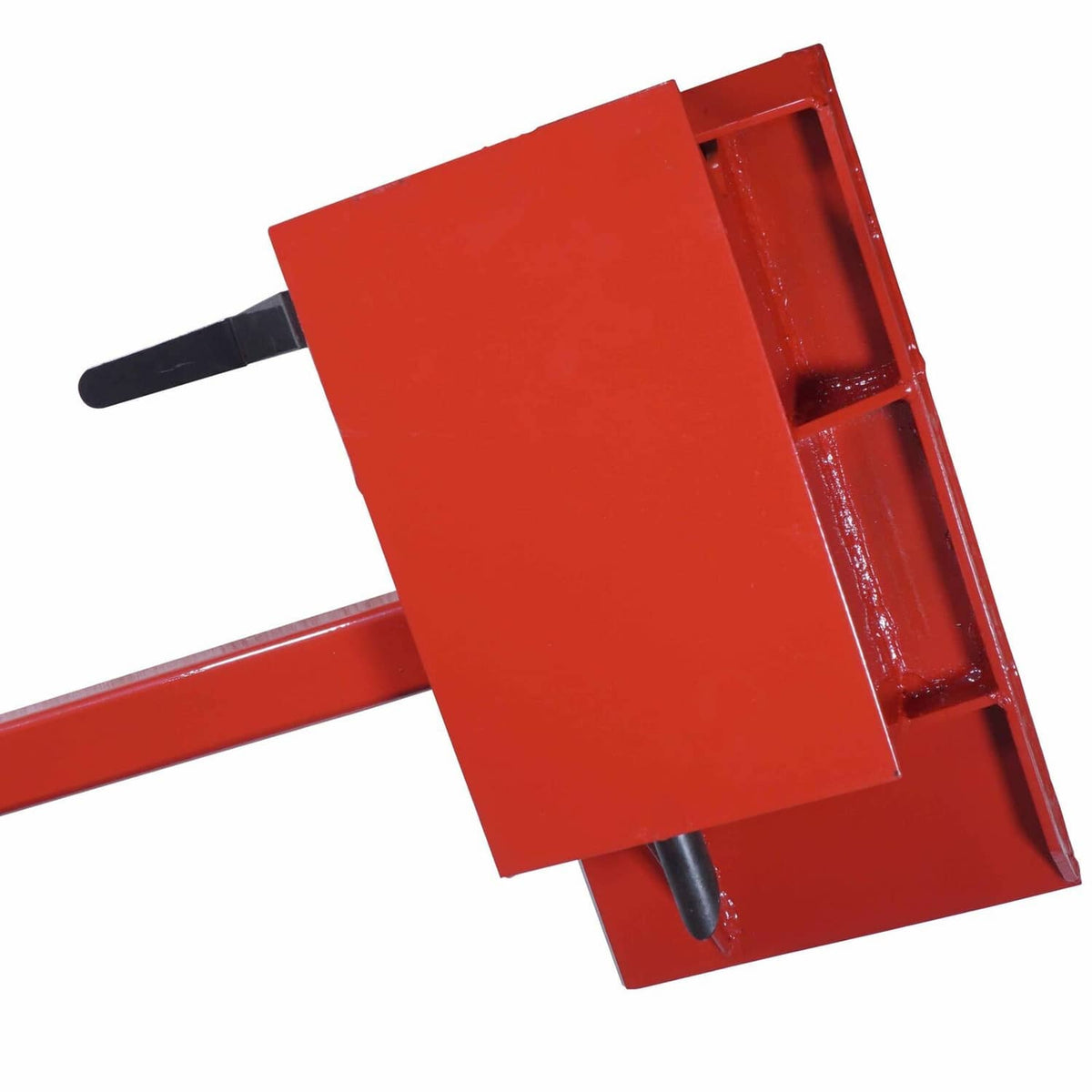 Red adapter plate with black latch lever and boxed side frame