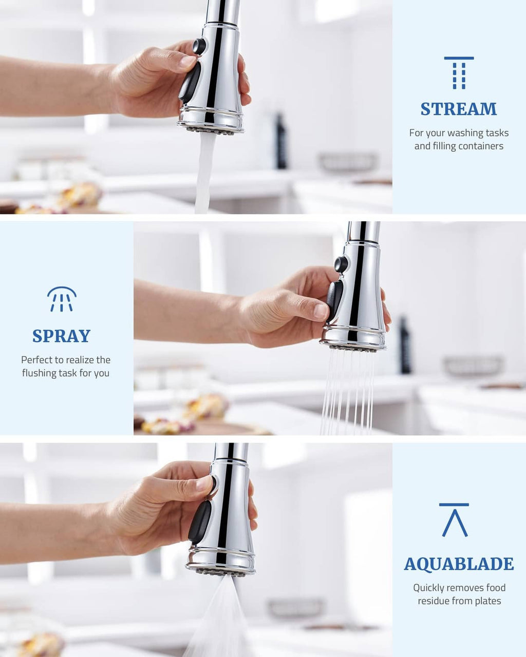 Chrome kitchen faucet spray head replacement with hand-held spray mode