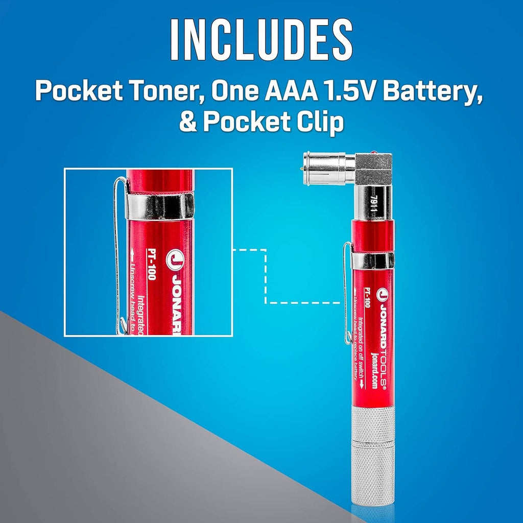 Red continuity tester with pocket clip, AAA battery inset, and metal connector