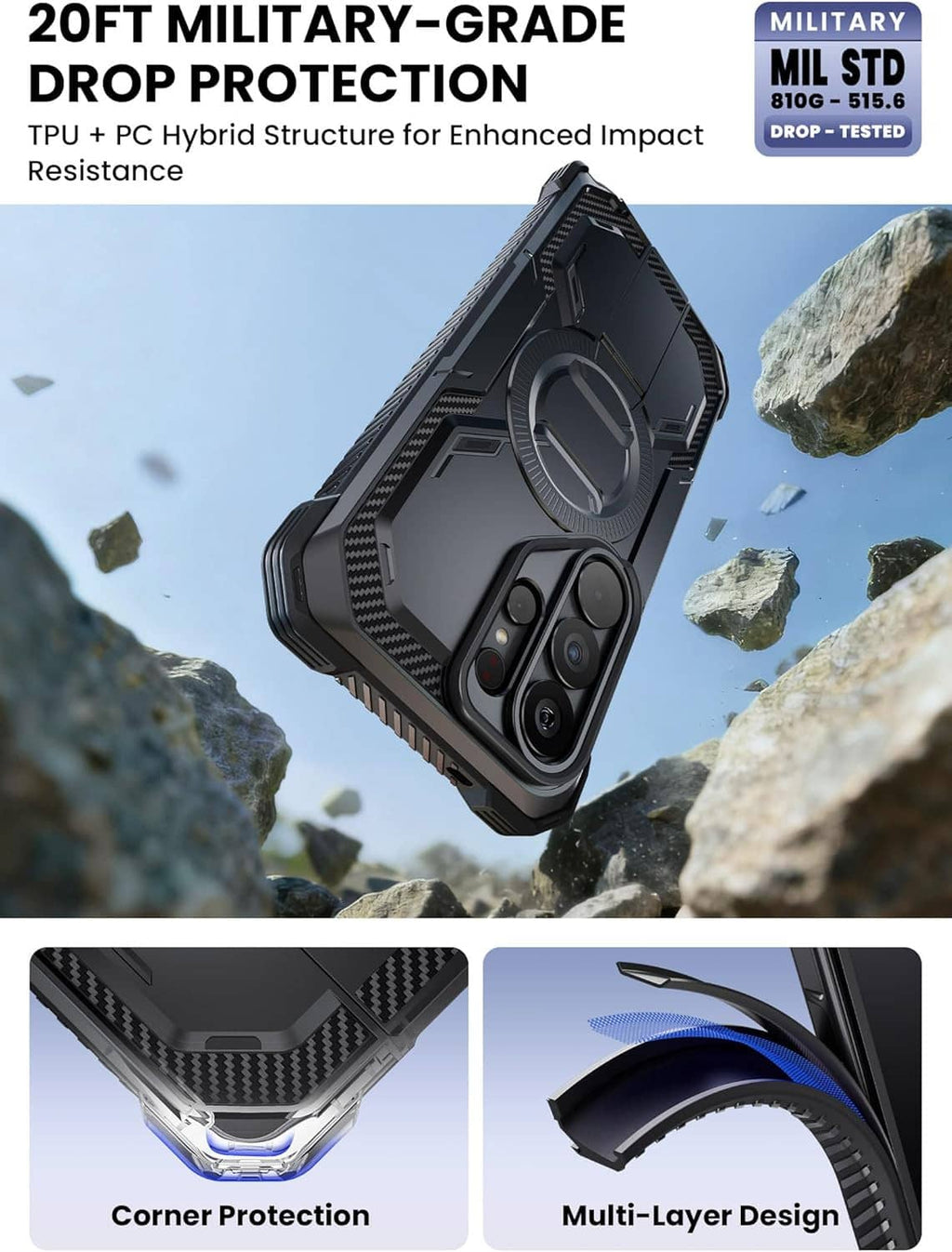 Rugged black drop-protection case with corner protection and multi-layer design