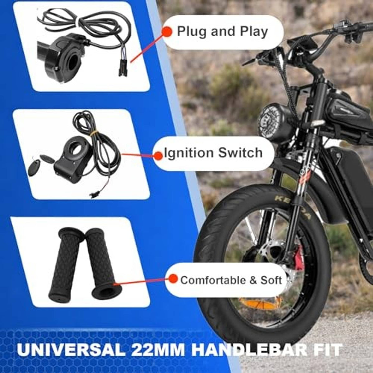Black twist throttle kit with key ignition, switch, grips and cable harness