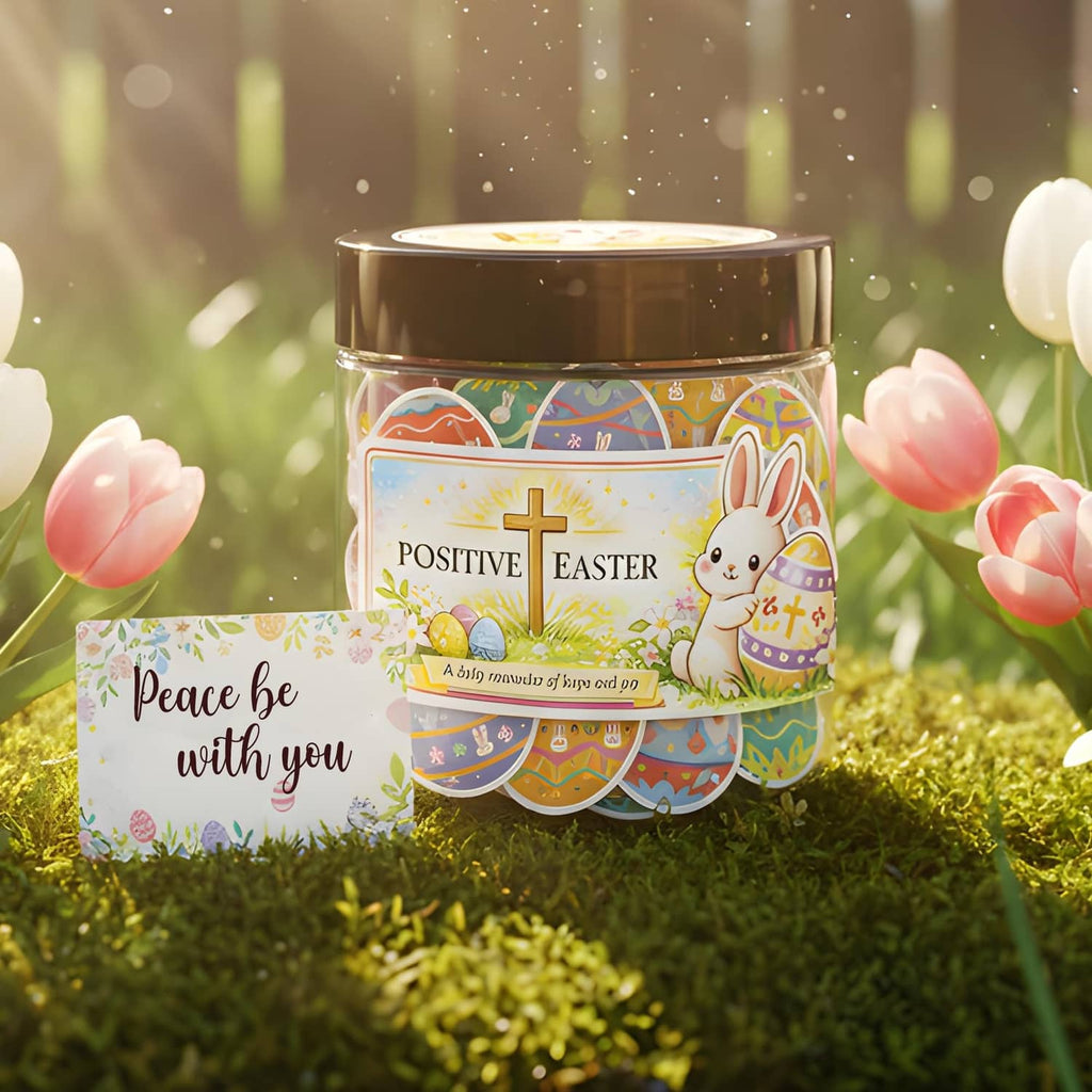Positive Easter scripture jar with bunny and cross label on green grass