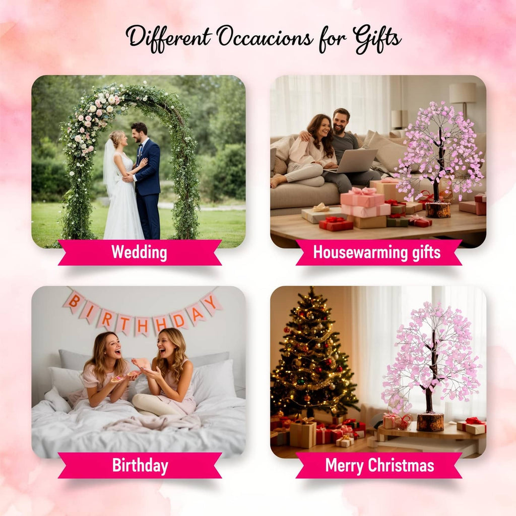 Rose quartz crystal tree with pink crystal branches displayed among gift occasions