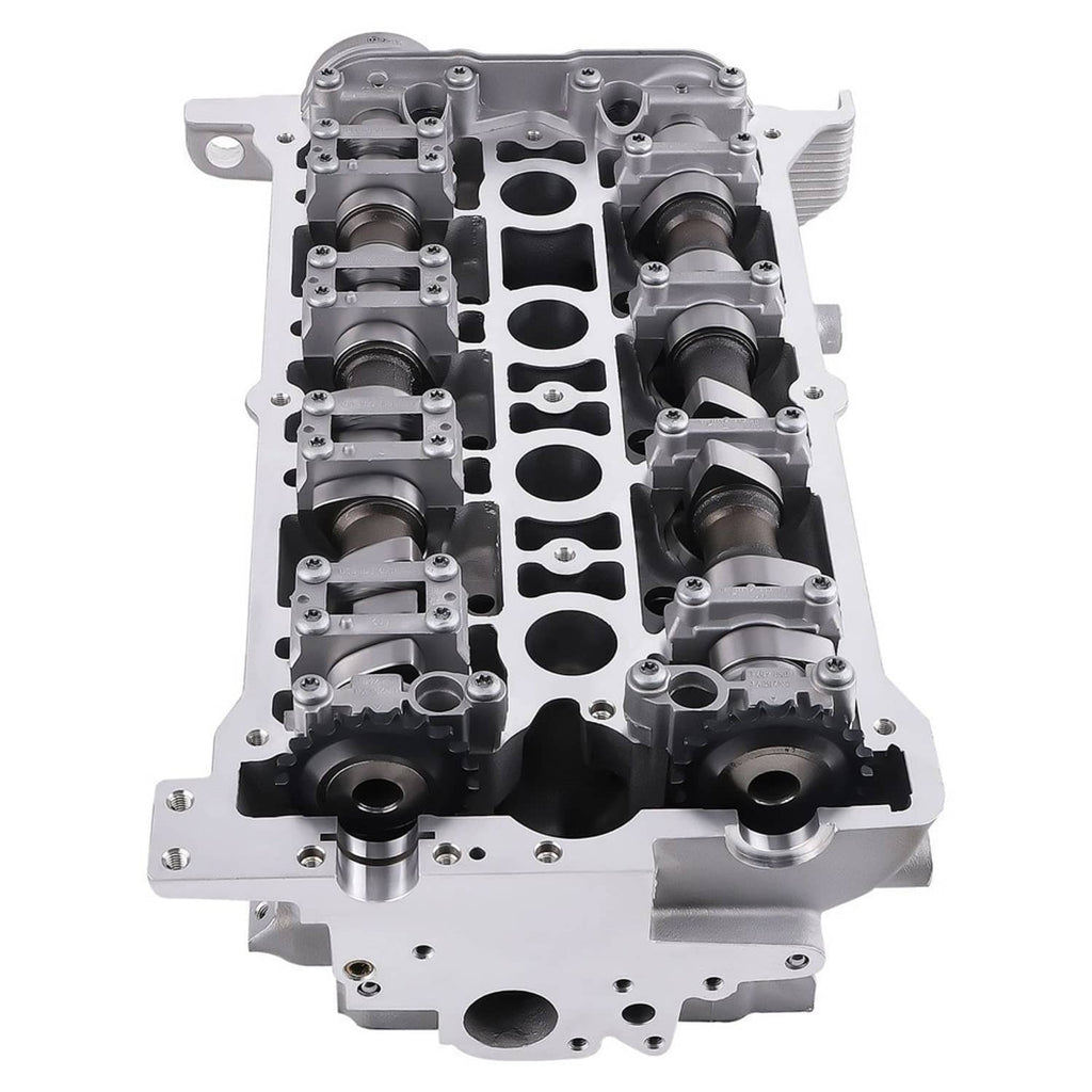 Aluminum alloy cylinder head with valve ports, camshaft journals, and bolt holes