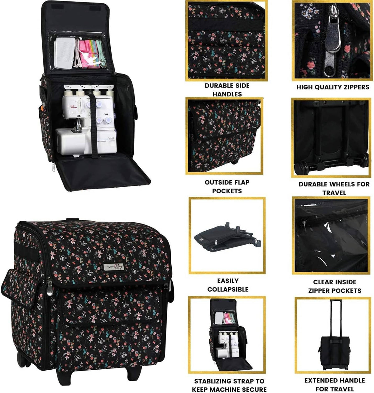 Rolling machine tote organizer features: side handles, outer flap pockets, zippers, wheels