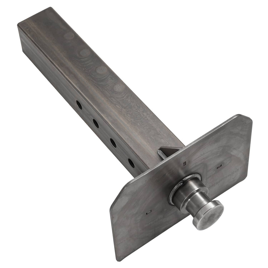 Steel coupler adapter with front mounting plate, roller pin, and slotted tube beam