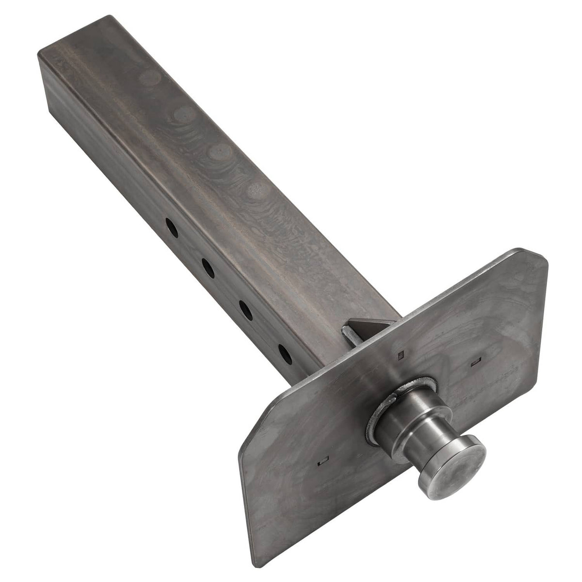 Steel coupler adapter with front mounting plate, roller pin, and slotted tube beam