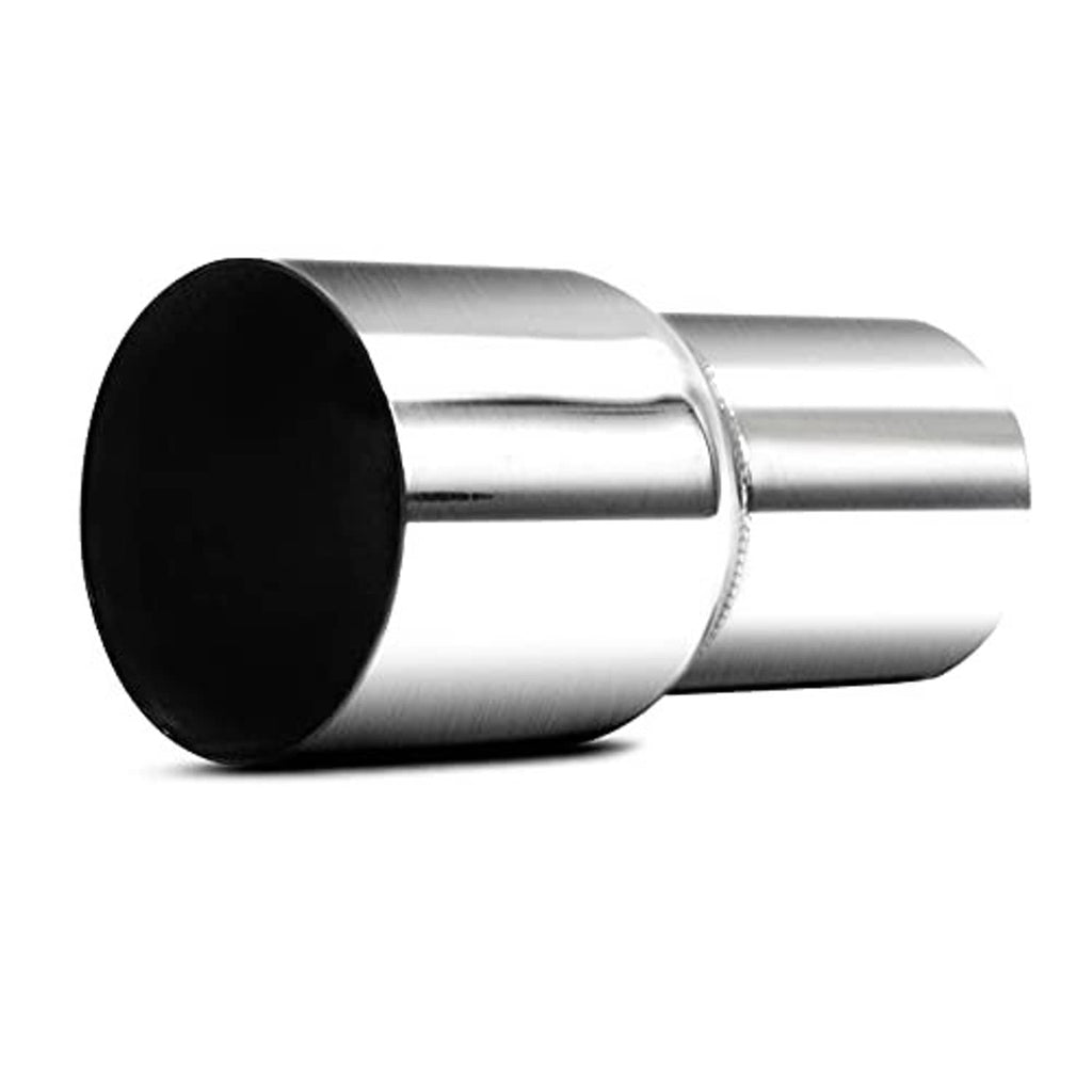 Stainless steel exhaust pipe adapter reducer with black inlet, angled side view