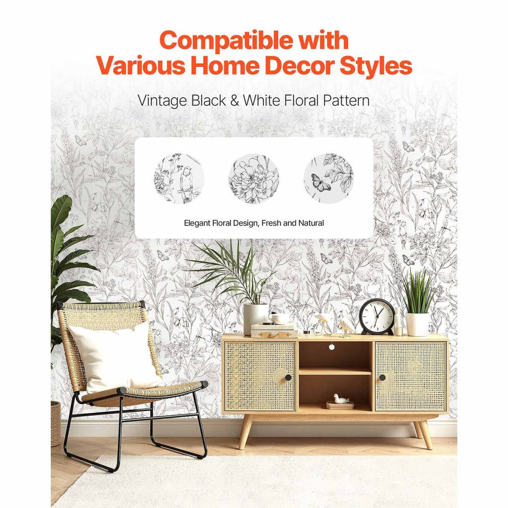Self-adhesive wallpaper sheet with vintage black-and-white botanical pattern