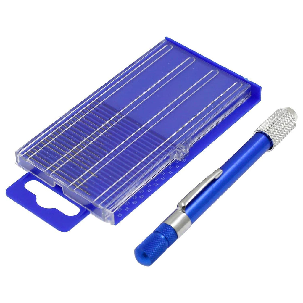 Mini twist drill bit set in blue case with a blue pin vise included