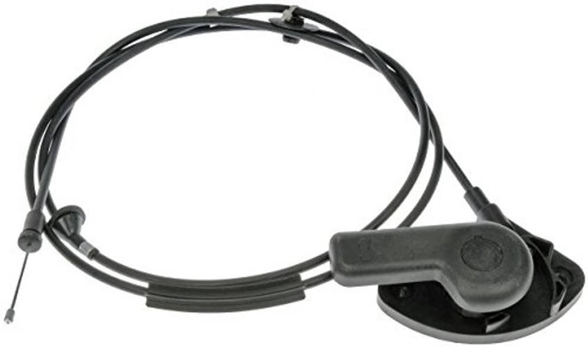 Black hood release cable with latch handle and looped wire, gray mounting base
