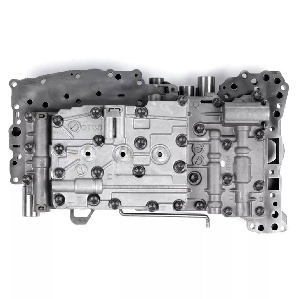Transmission valve body with solenoids, side cover view with round openings on metal case
